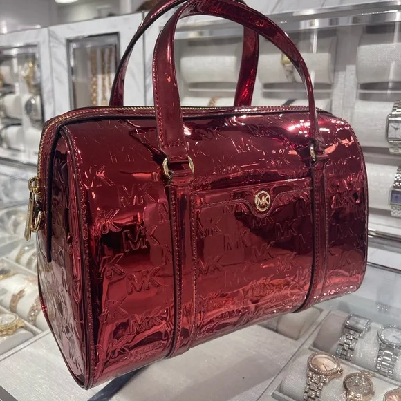 MICHAEL KORS Jet Set Medium Metallic Logo Debossed Satchel
Cherry 
NWT - Picture 16 of 16